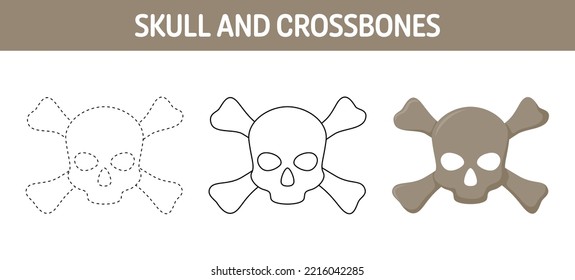 Skull And Crossbones tracing and coloring worksheet for kids
