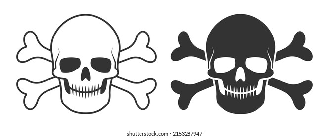Skull and crossbones vector illustration. Poison label. Pirate flag image. Human head skeleton icon.