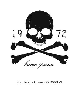 Skull and crossbones vintage black emblem. Print grunge vector illustration