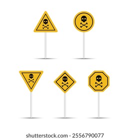 Skull and crossbones warning road sign are isolated on a white background. Five different shapes of danger and warning signs.
Caution signs of poison, toxic, chemical and electricity.