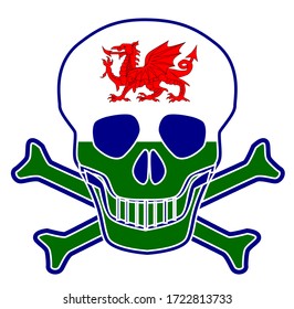 Skull and crossbones with the Welsh and red dragon flag sign over a white background