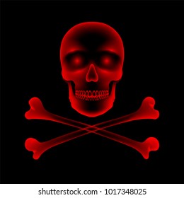 Skull and crossbones X-ray concept design illustration red color isolated glow in the dark background, with copy space