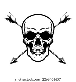 Skull with crossed arrows. Design element for poster, card, banner, emblem, sign. Vector illustration