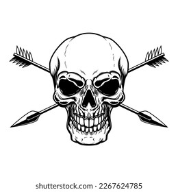 Skull with crossed arrows. Design element for poster, card, banner, emblem, sign. Vector illustration