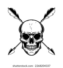 Skull with crossed arrows. Design element for poster, card, banner, emblem, sign. Vector illustration