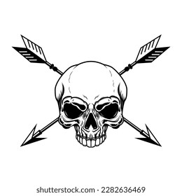 Skull with crossed arrows. Design element for poster, card, banner, emblem, sign. Vector illustration