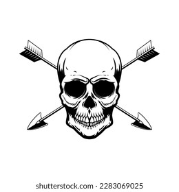 Skull with crossed arrows. Design element for poster, card, banner, emblem, sign. Vector illustration