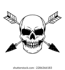 Skull with crossed arrows. Design element for poster, card, banner, emblem, sign. Vector illustration