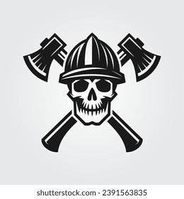 Skull with crossed axes icon. Vector illustration of skull in helmet and ax - Vector File