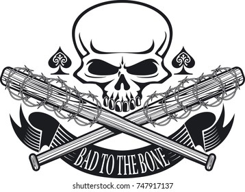 skull, crossed baseball bats with barbed wire, ace of spades and banner