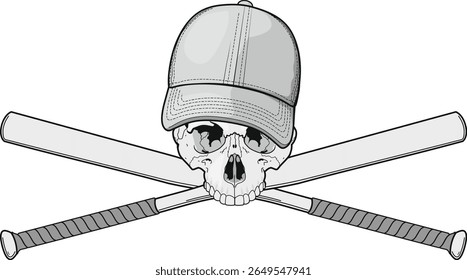 skull with crossed baseball bats and in cap isolated on white background