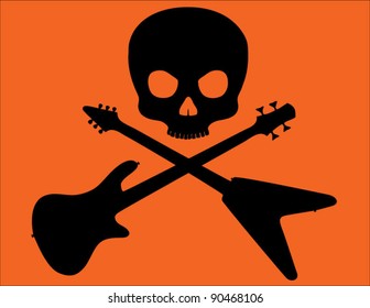 Skull and Crossed Bass and Flying V Guitars on Bright Orange Background