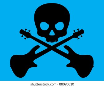 Skull and Crossed Bass Guitar on Blue Background