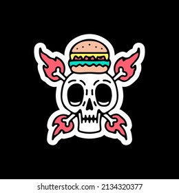 Skull with crossed bone on fire and burger, illustration for t-shirt, street wear, sticker, or apparel merchandise. With doodle, retro, and cartoon style.