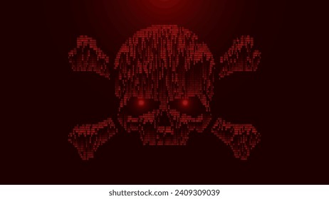 Skull and Crossed Bones ASCII Art. Falling Binary Numbers Danger Piracy Skull Sign. Matrix Style Wallpaper. Hacking, Ddos-attack, Malware, Ransomware, Spam, Computer Virus Concept. Vector Illustration