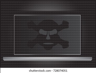 Skull and Crossed Bones with ascii code background on the laptop with dark tone or Laptop virus infection skull of death flat illustration design for websites - HACKING concept