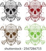 Skull with crossed bones behind it. Danger sign. Ink style with 4 colors. Suitable for design elements, stickers, tattoos and t-shirt designs
