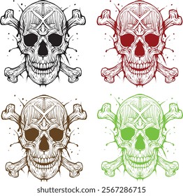 Skull with crossed bones behind it. Danger sign. Ink style with 4 colors. Suitable for design elements, stickers, tattoos and t-shirt designs