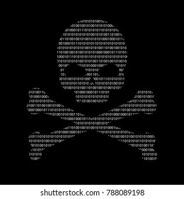 Skull and Crossed Bones binary code ASCII Art. Danger / Piracy Sign of Text Characters and Numbers. Hacking, Ddos-attack, Spam, Computer Virus Concept. Vector Illustration. Computer virus danger sign.
