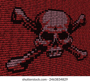 Skull and crossed bones danger or piracy sign made up of binary ones and zeros computer code. Concept for online piracy, hacking, internet fraud or similar threats.