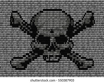 Skull and crossed bones danger or piracy sign made up of binary ones and zeros machine code. Concept for online piracy, hacking, internet fraud or similar threats.