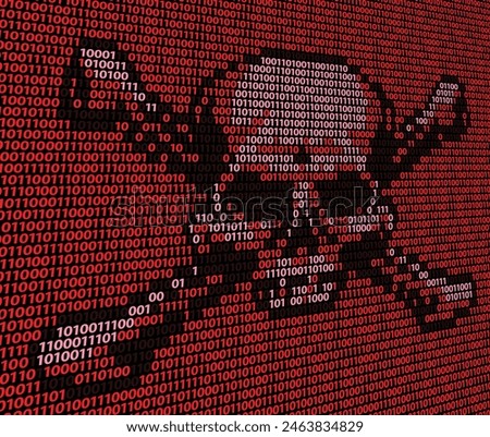 Skull and crossed bones danger or piracy sign made up of binary ones and zeros computer code. Concept for online piracy, hacking, internet fraud or similar threats.