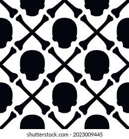 Skull and crossed bones filled pattern. Black vector isolated seamless pattern on white background. Perfect for clothing, packaging, covers and other design projects.
