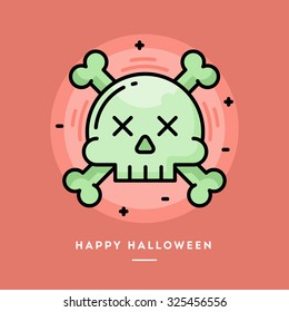 Skull with crossed bones icon, flat design thin line Halloween banner, vector illustration