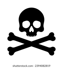 Skull with crossed bones icon silhouette, Human skeleton head. Death, pirate and danger symbol. Jolly Roger logo template. Vector illustration
