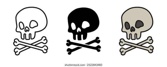 Skull with crossed bones icon. Skeleton head with bones vector illustration. Death symbol. Skull bone sign. Dead head pictogram. Halloween clip art. Pirate logo isolated.