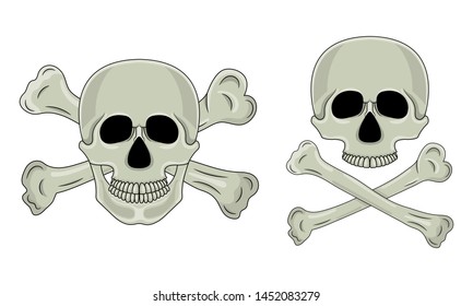 Skull and crossed bones isolated on white background. Cartoon human skull with jaw. Vector illustration for any design.