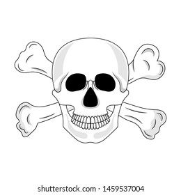 Skull and crossed bones isolated on white background. Cartoon human skull with jaw. Vector illustration for any design.