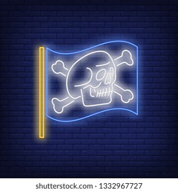 Skull and crossed bones on flag neon sign. Jolly Roger and pirates concept design. Night bright neon sign, colorful billboard, light banner. Vector illustration in neon style.