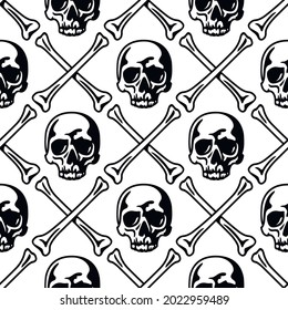 Skull and crossed bones pattern. Black vector isolated seamless pattern on white background. Perfect for clothing, packaging, covers and other design projects.