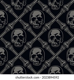 Skull and crossed bones pattern. Grey vector isolated seamless pattern on black background. Perfect for clothing, packaging, covers and other design projects.