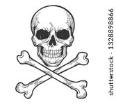 Skull with crossed bones. Pirate symbol Jolly Roger sketch engraving vector illustration. Scratch board style imitation. Hand drawn image.