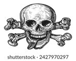 Skull with crossed bones. Pirate symbol Jolly Roger sketch engraving. Hand drawn vector illustration