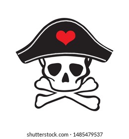 skull, crossed bones and pirates hat with red heart, vector 