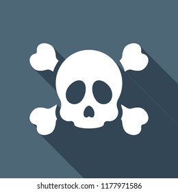 Skull and crossed bones. Simple icon. White flat icon with long shadow on background