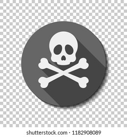 Skull and crossed bones. Simple icon. flat icon, long shadow, circle, transparent grid. Badge or sticker style