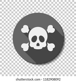 Skull and crossed bones. Simple icon. flat icon, long shadow, circle, transparent grid. Badge or sticker style