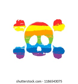 Skull and crossed bones. Simple icon. Drawing sign with LGBT style, seven colors of rainbow (red, orange, yellow, green, blue, indigo, violet