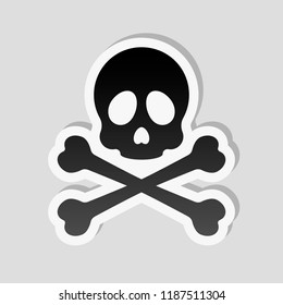 Skull and crossed bones. Simple icon. Sticker style with white border and simple shadow on gray background