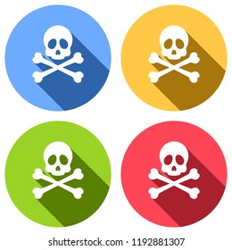 Skull and crossed bones. Simple icon. Set of white icons with long shadow on blue, orange, green and red colored circles. Sticker style