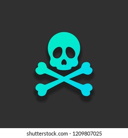 Skull and crossed bones. Simple icon. Colorful logo concept with soft shadow on dark background. Icon color of azure ocean