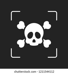 Skull and crossed bones. Simple icon. White object in camera autofocus on dark background