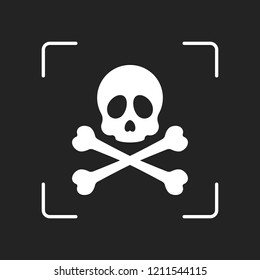 Skull and crossed bones. Simple icon. White object in camera autofocus on dark background
