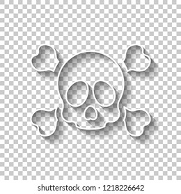Skull and crossed bones. Simple icon. White outline sign with shadow on transparent background