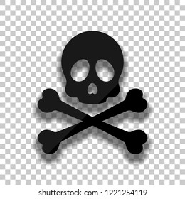 Skull and crossed bones. Simple icon. Black glass icon with soft shadow on transparent background