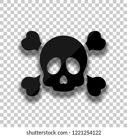 Skull and crossed bones. Simple icon. Black glass icon with soft shadow on transparent background